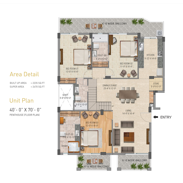 Penthouse Floor Plan (40' x 70')