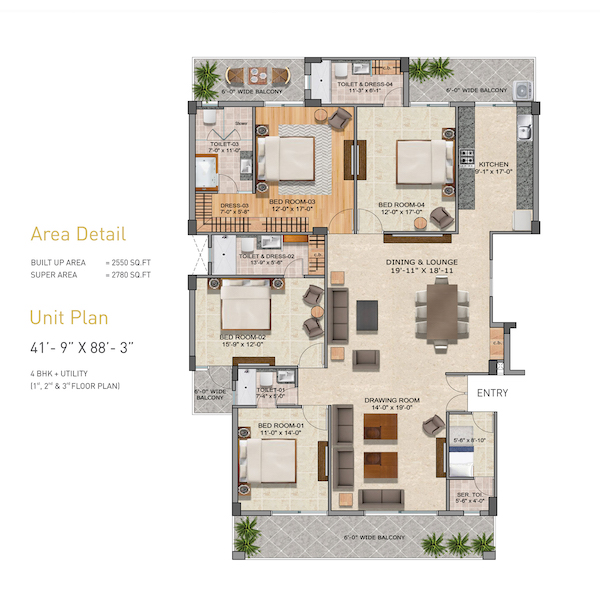 4 BHK + Utility (1st, 2nd & 3rd Floor Plan) (41'-9 x 88'-3)