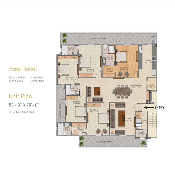 5 BHK (1st, 2nd & 3rd Floor Plan) (53'-3 x 75')